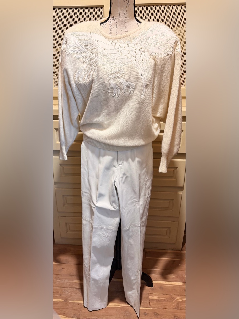 NWT VTG 80s Suzelle 3Pc Set Beaded Sweater Leather Pants Skirt Flaw